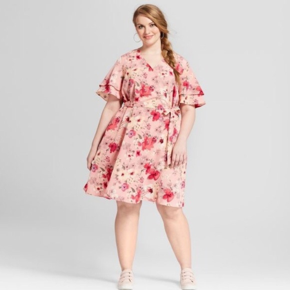 Ava & Viv Pink Floral Wrap Dress with Flutter Sleeves
